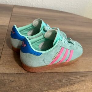 adidas Kids Gazelle Mint Green with Pink Stripes and Blue Heel